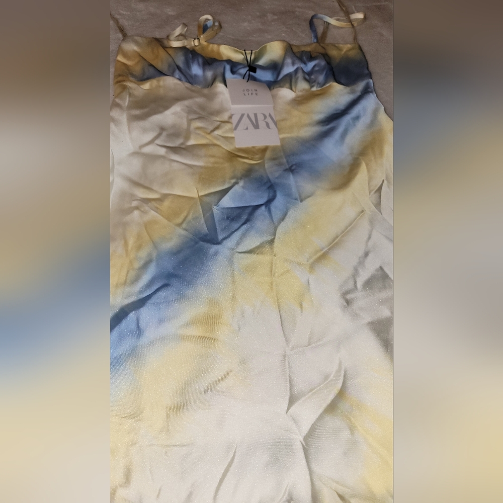 NWT Zara Blue and Yellow Satin Dress Size S